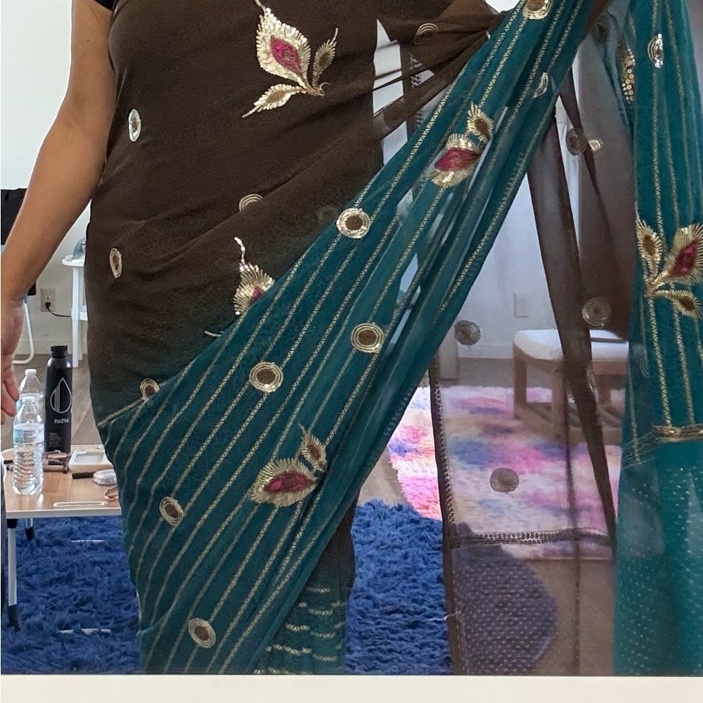 Embroidered Brown and Teal Silk Sari with Gold Accents